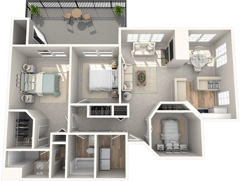 Floor plan for 3 beds, 2 baths, 1214 sqft
